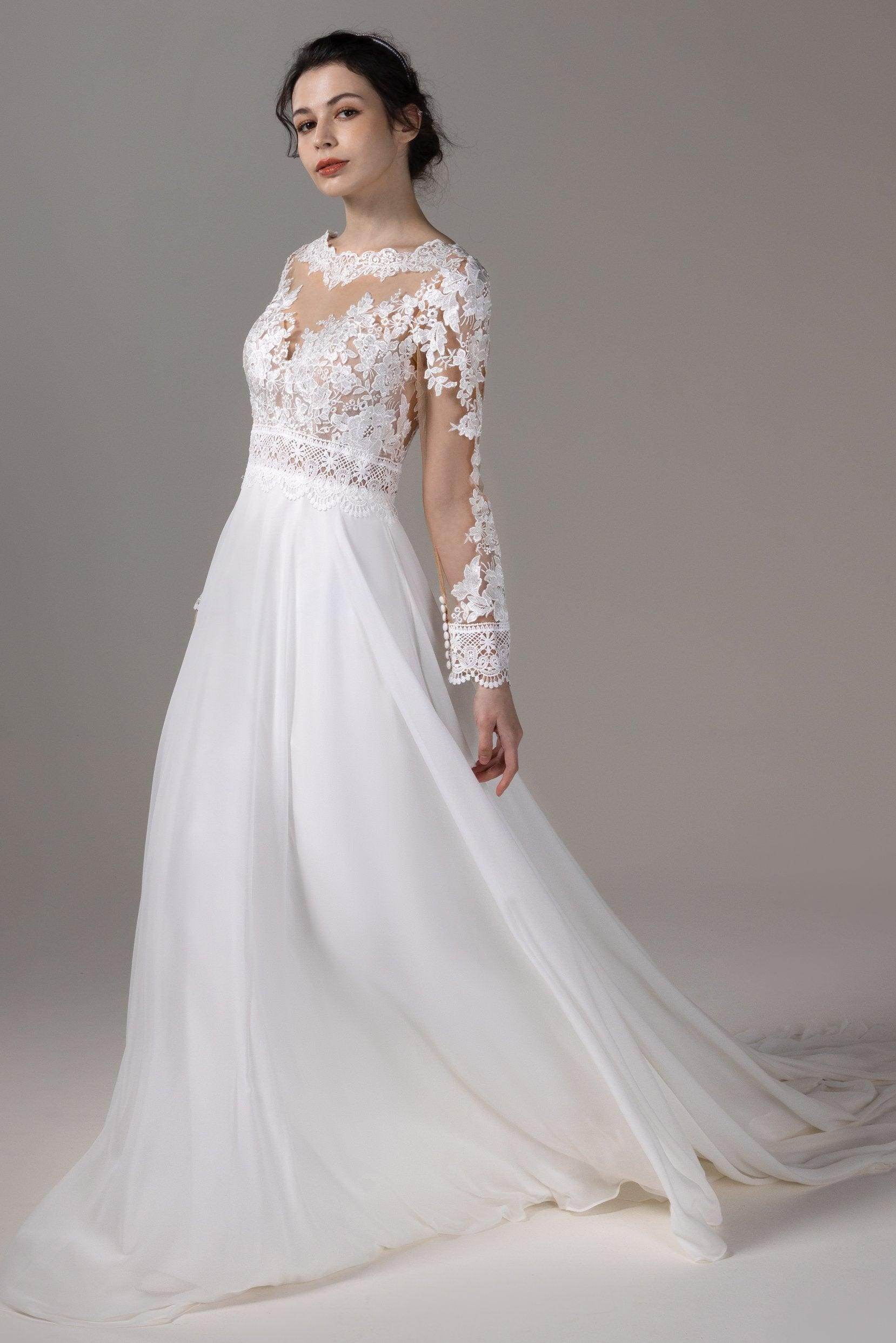A-Line Chapel Train Lace Chiffon Wedding Dress CW2830 - COCOMELODY